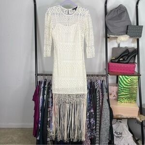 𝅺guess Ivory Lace Macrame Fringe Maxi Dress